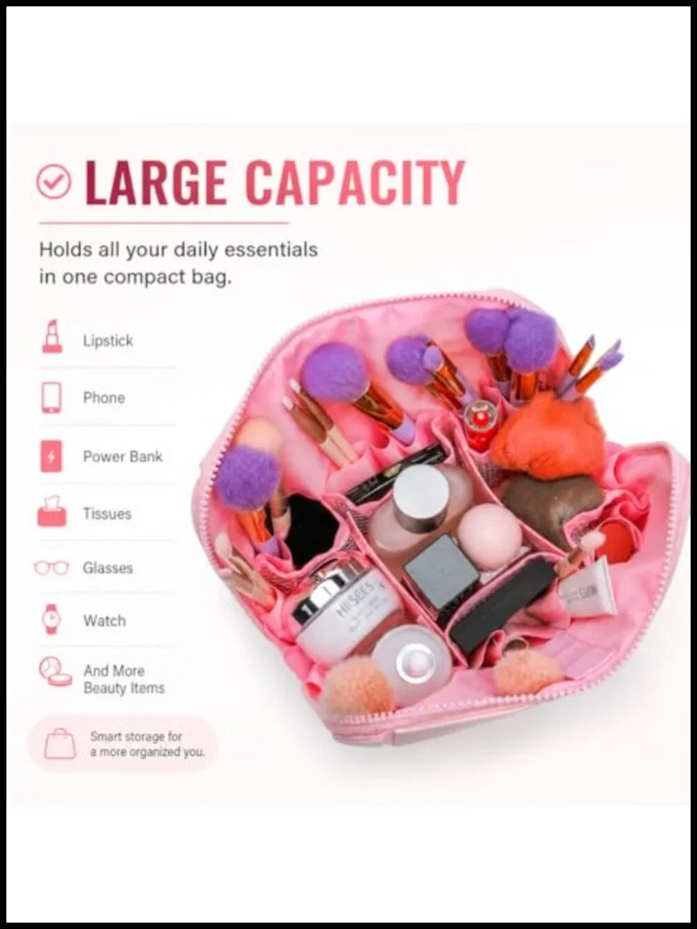 Travel Makeup Bag with 27 Pockets, Stand-Up Design, Adjustable Dividers,